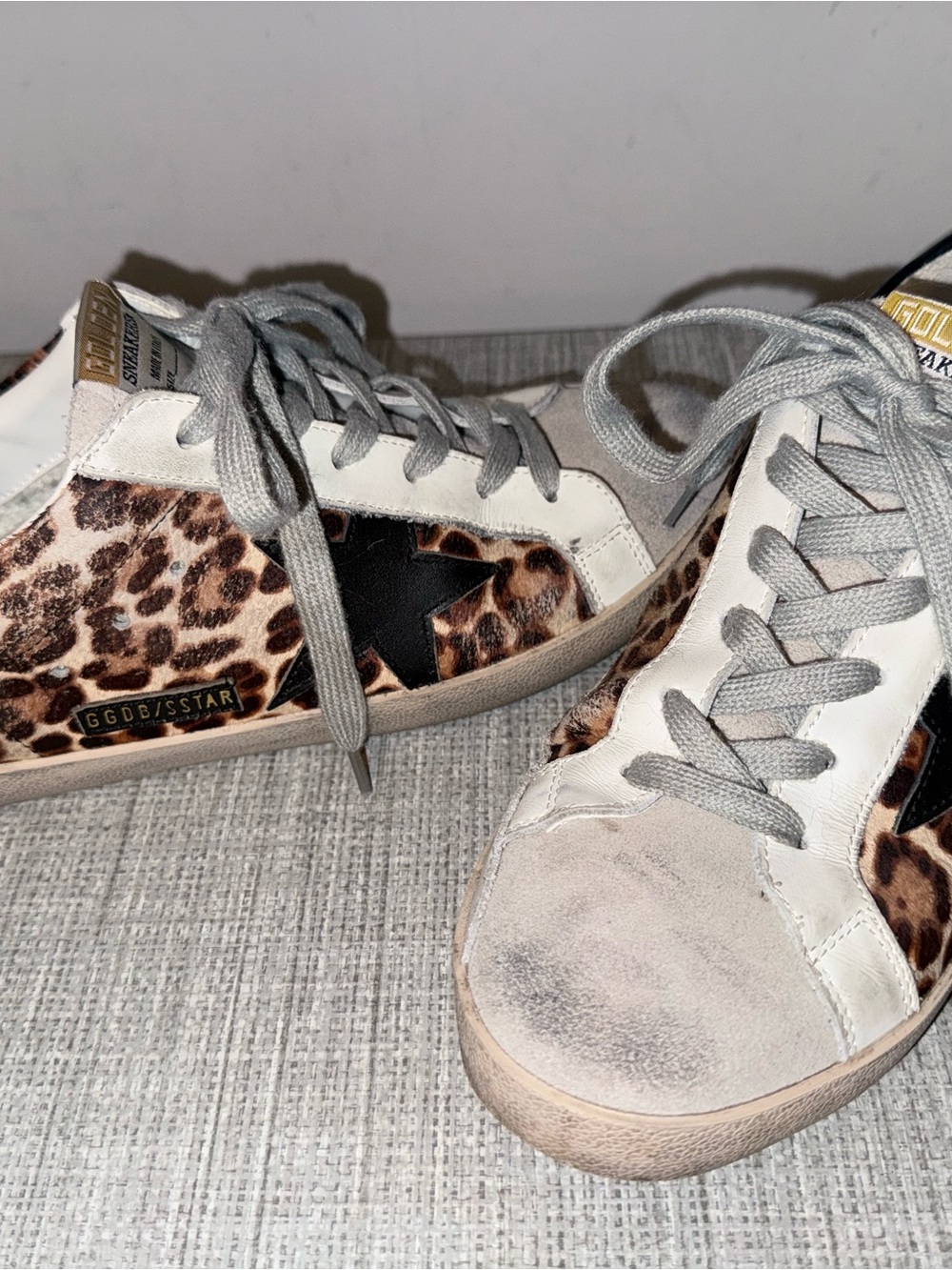 Golden Goose Leopard Print Sneakers with Black Star and Gray Laces